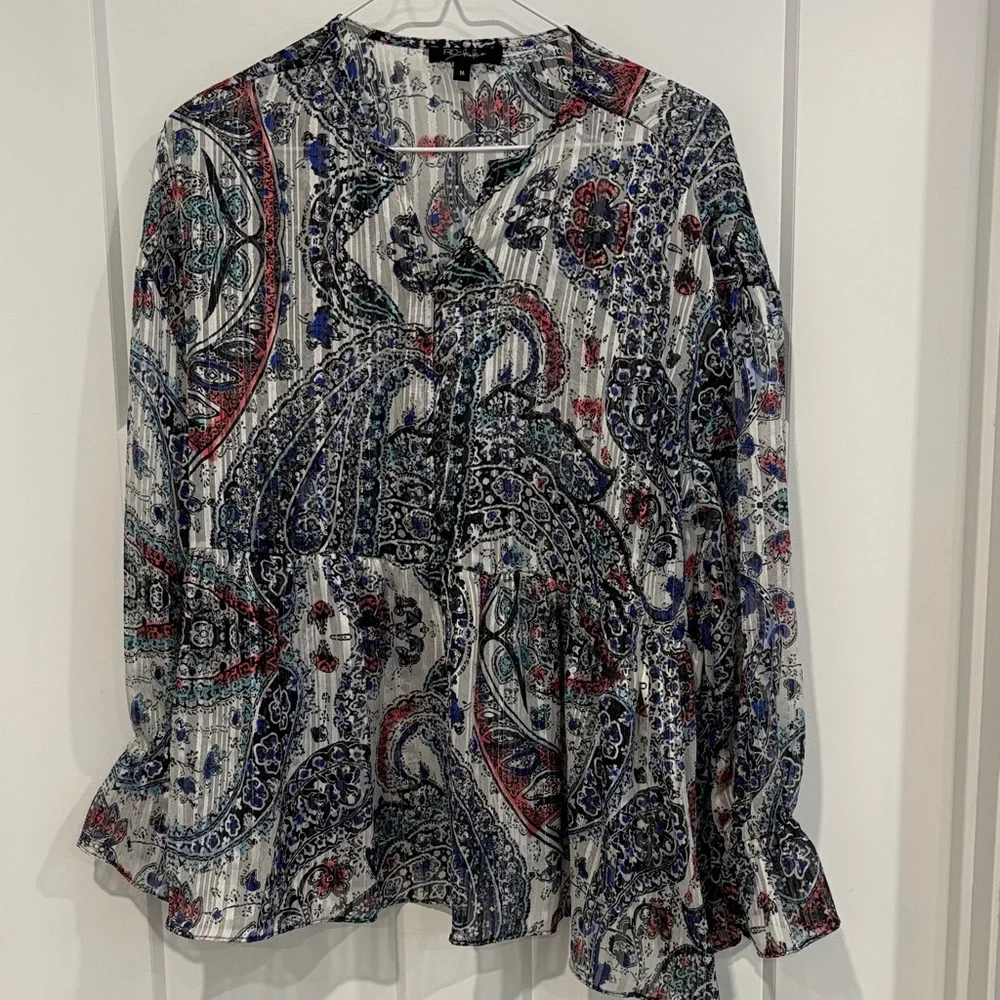 Paisley Print Long-Sleeve Peasant Button Down Top - White/Blue NWOT - Picture 6 of 9
